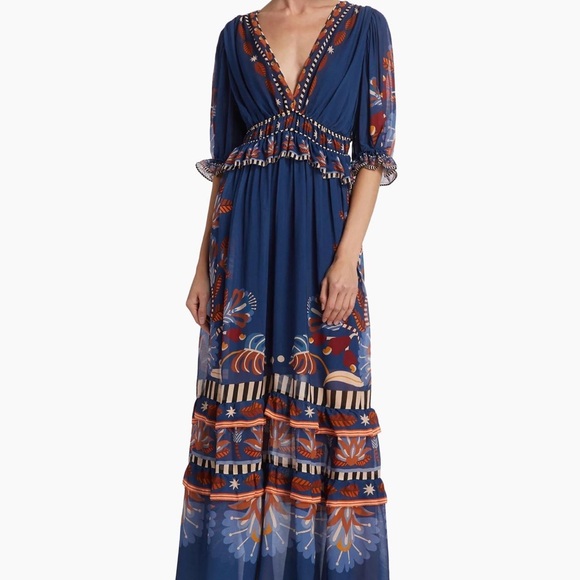 $285 FARM RIOWomen's Nature Beauty Chiffon Geometric Maxi Dress In Blue size xs